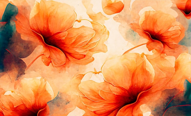 Helle Blumen des abstrakten Aquarells Oranger Hintergrund Generative KI