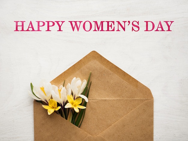 Helle Blumen und Happy Women's Day Schriftzug. Nahaufnahme, keine Leute. Herzlichen Glückwunsch für Familie, Verwandte, Freunde und Kollegen