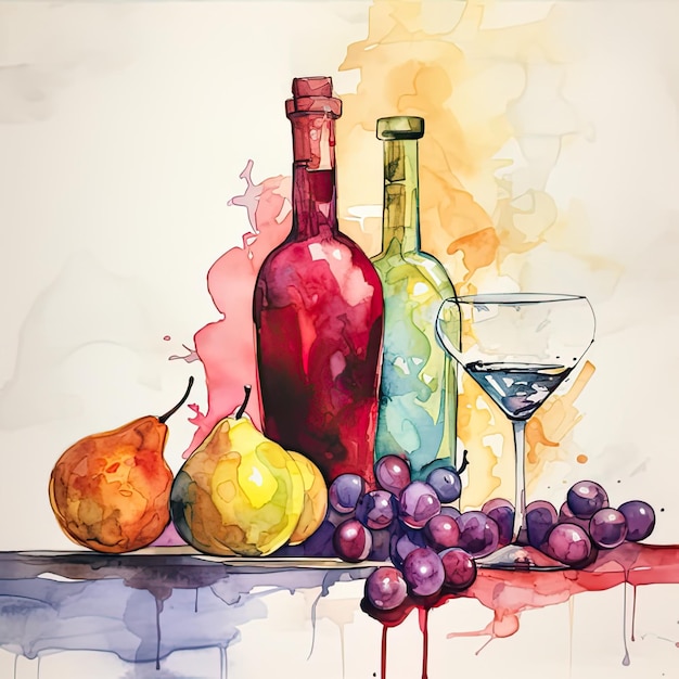 Helle, farbenfrohe Aquarellillustration eines Glases Wein und einer Flasche mit Trauben und Birnen