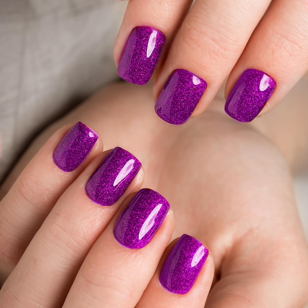 Helle festliche violette Maniküre auf weiblichen Händen Nageldesign
