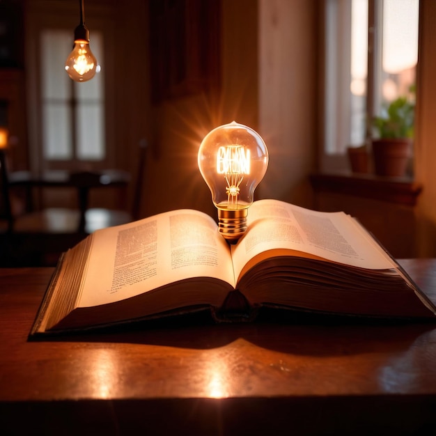 Helle glühende Glühbirne auf einem offenen Buch, das Erleuchtung und Lernwissen zeigt