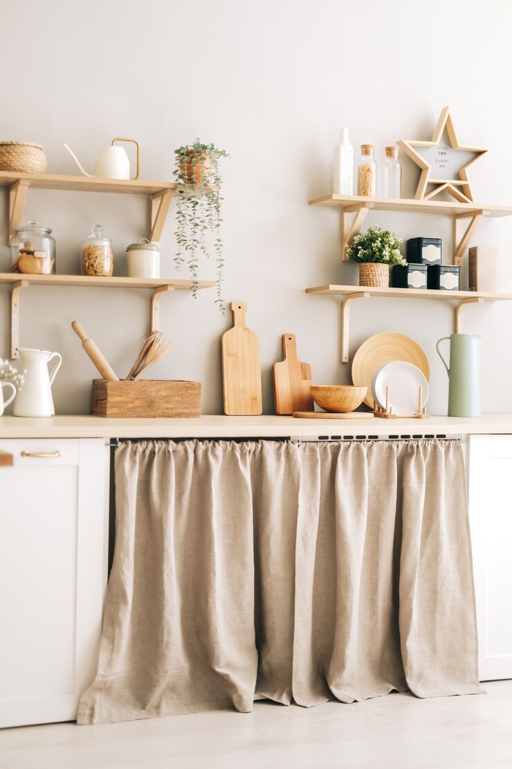 Foto helle küche im provence-stil mit küchenutensilien