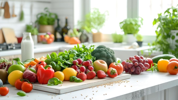 Helle Küchenszene mit frischem Gemüse und Obst auf der Arbeitsplatte gesundes Essen Konzept Heimküche Inspiration moderne Innenarchitektur KI