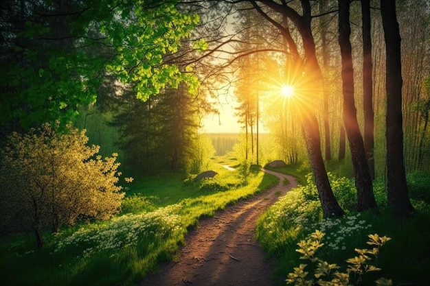 Helle Morgensonne über grünem Wald und Frühlingstag