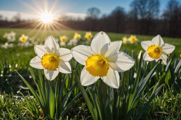 Helle Narzissen blühen unter sonnigem Himmel