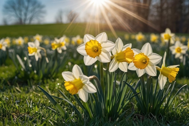 Helle Narzissen blühen unter sonnigem Himmel