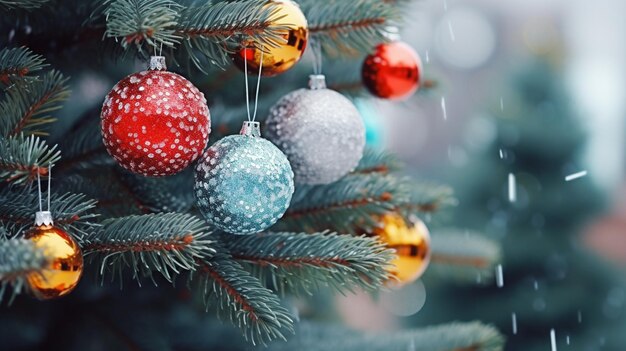 Helle Neujahrsdekorationen auf dem Weihnachtsbaum festlicher Hintergrund schöne Karte