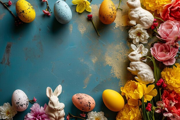 Helle Osterszene mit bemalten Eiern und Frühlingsblumen