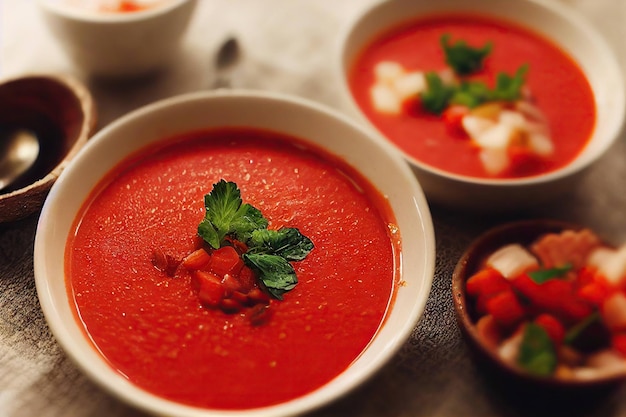 Helle, reichhaltige Gazpacho-Suppe aus frischen Tomaten, dekoriert mit Petersilienblättern