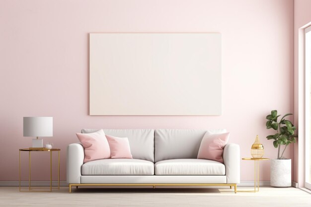 Foto helle rosa minimalistische wohnzimmer-interieur mit leeren gemälden an der wand, die von ki generiert wurden