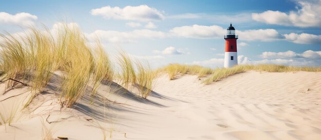 Helle Sanddünen am Strand mit dem berühmten dänischen Leuchtturm mit blauem Himmel im Hintergrund