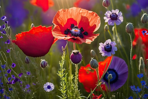 Helle Sommerblumenwiese im Frühjahr mit roten Mohnblumen und blühenden purpurroten Blumen geschaffen mit ge