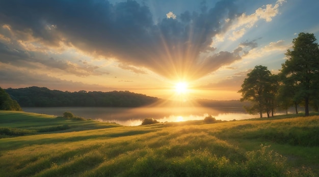 Helle Sonnenstrahlen erhellen den ruhigen Abendhimmel in der Natur