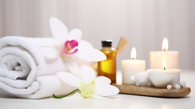 Helle Spa-Vibe-Schönheitsbehandlung und Wellness-Hintergrund mit Massagestein, Orchideenblumen, Handtüchern