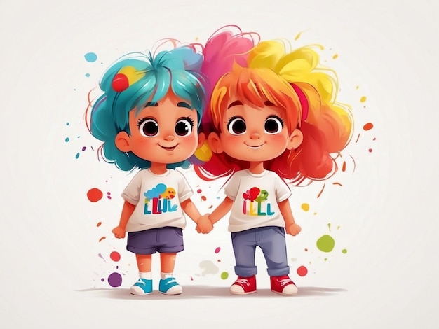 Helle süße Jungen und Mädchen mit regenbogenfarbenem Haar im Cartoon-Stil auf weißem Hintergrund