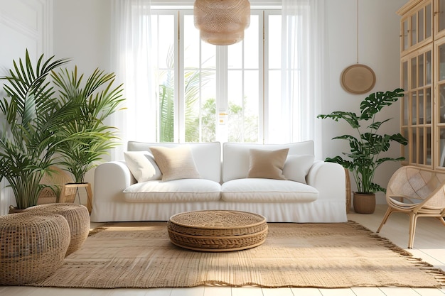 Helle und luftige Wohnzimmer-Design moderne Hausdekoration Ideen Innenpflanzen Dekoration ruhiger Raum für Entspannung KI
