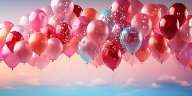 Helle und schöne bunte und rosa Ballons fliegen über den Himmel mit leerem Raum für Text