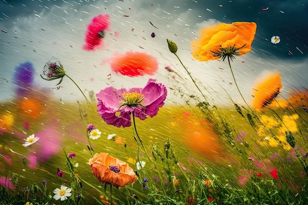 Helle, vom Wind verwehte Blumen auf dem Feld auf der Blumenwiese im Frühling, die mit generativer KI erstellt wurden