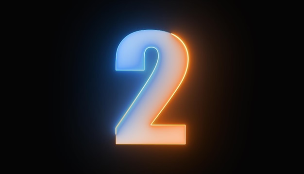 Helle Zahl zwei Nummer 2 das beste digitale Symbol Alphabet aus leuchtendem Licht Neonlicht 3D-Alphabet-Zeichen 3D-Rendering Bildungskonzept
