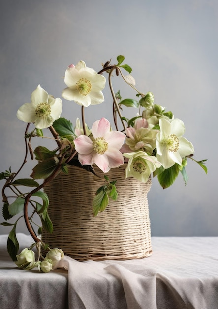 Hellebore-Blumen auf Betontisch, strukturierter Korb und Vase auf weißem Hintergrund