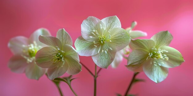 Foto hellebores brancos delicados em fundo rosa em luz suave