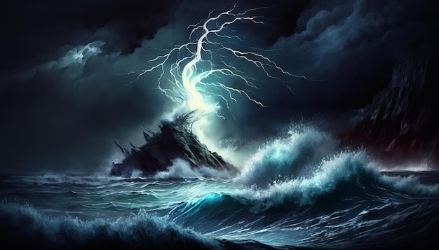 Heller Blitz in einem tobenden Meer Ein starker Sturm im Ozean Große Wellen Nachtgewitter Generative ai