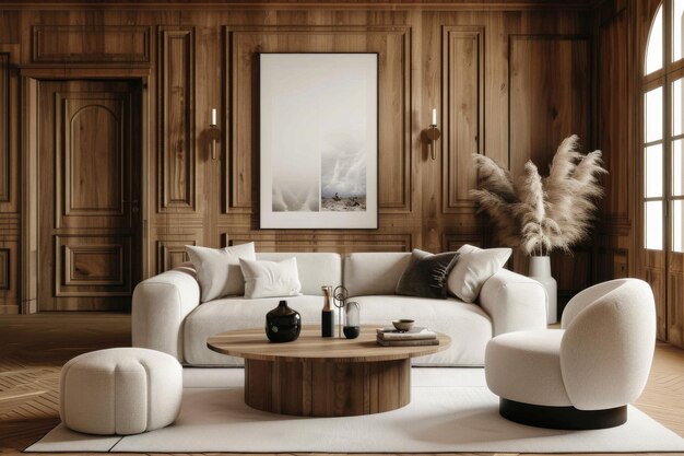 Heller Boho-Rund-Coffee-Tisch auf Ecru OffWhite-Sofa in modernen französischen dynamischen Räumen