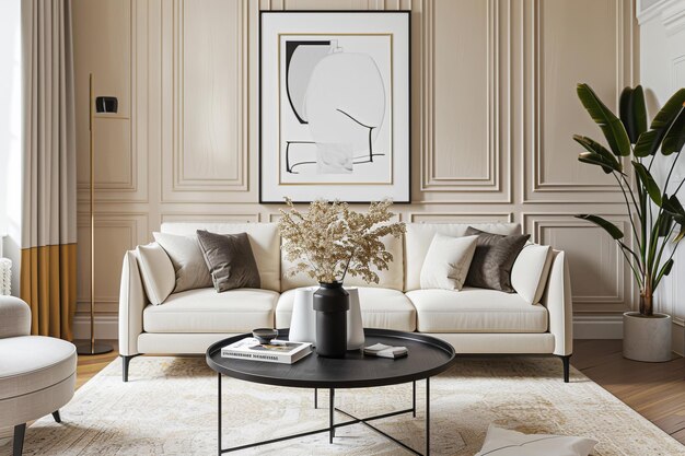 Heller Boho-Rund-Coffee-Tisch auf einem warmen Elfenbein-Sofa in modernen französischen Dynamischen Räumen