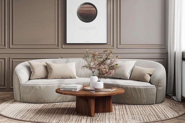 Heller Boho-Rund-Coffee-Tisch auf Weichperlen Weißes Sofa in modernem Französisch Flexible Möbel