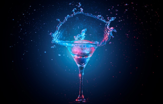 Heller Cocktail mit Zitrone im Glas und Spritzwasser auf dunklem Hintergrund