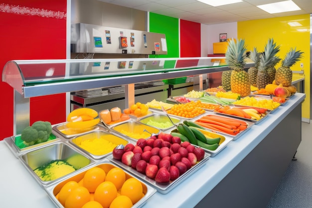 Heller, farbenfroher Servierbereich mit frischem Obst und Gemüse, erstellt mit generativer KI