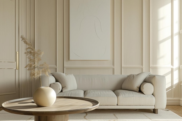 Heller französischer runder Coffee-Tisch auf Soft Cream-Sofa in modernem französischem maximalistischen Design