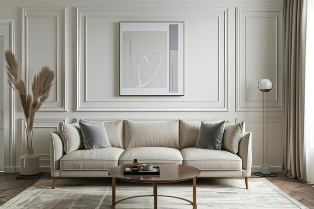 Heller französischer runder Couchtisch auf Soft Cream-Sofa in modernem französischem nachhaltigem Design