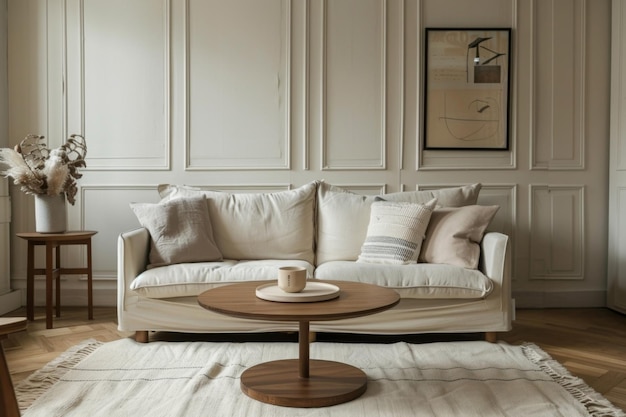 Heller französischer runder Couchtisch auf Soft Cream-Sofa in modernem französischem nachhaltigem Design