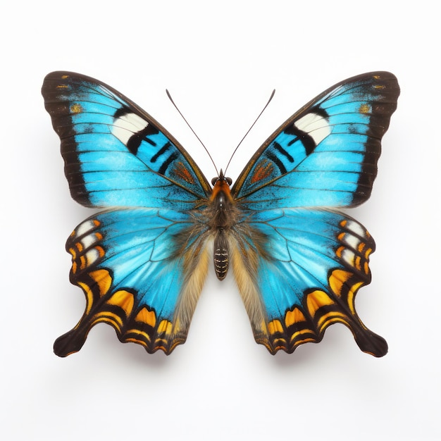Heller gelber und blauer Schmetterling isoliert auf sauberem weißen Hintergrund
