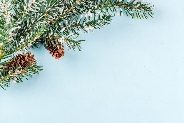 Heller Hintergrund des Weihnachten und des neuen Jahres, Grußkartenkonzept, Weihnachtsbaumaste mit Kiefernkegeln und künstlicher Schnee, Draufsichtkopienraum
