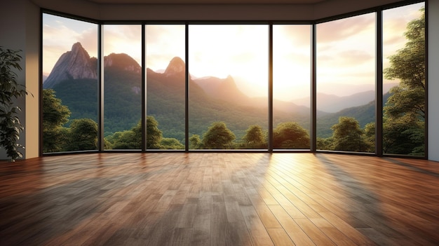 Heller, leerer, moderner Raum mit einer Berglandschaft im Fenster