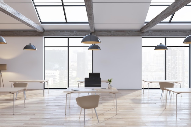 Heller Loft-Büroinnenraum mit Holzboden, Ausstattungsmöbeln und Deckenfenstern mit Tageslicht-3D-Rendering