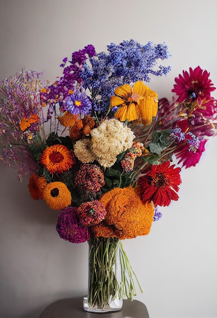 Foto heller, mehrfarbiger blumenstrauß aus getrockneten blumen für einen lustigen urlaub