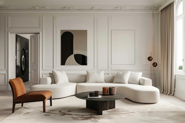 Heller minimalistischer runder Coffee-Tisch auf Soft Cream-Sofa in modernen französischen Smart Homes