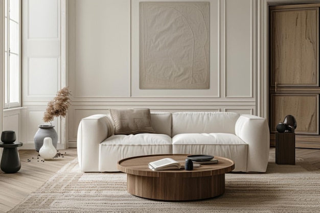 Heller minimalistischer runder Couchtisch auf beige Sofa in modernen französischen Smart Homes