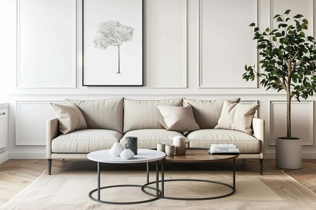 Heller minimalistischer runder Couchtisch auf beige Sofa in moderner französischer emotionaler Architektur