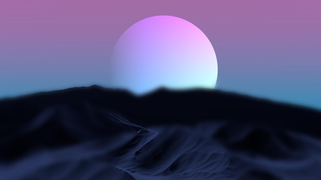 Heller Planet vor dem Hintergrund der Berge mit verschwommenem Hintergrund Abstrakte Retro-Minimalismus-Relieflandschaft der Berge vor dem Hintergrund eines pinkblauen planet3D-Renders