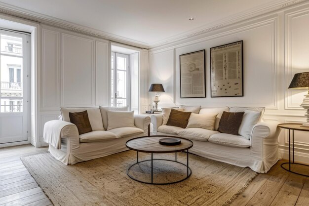 Heller runder Couchtisch aus der Mitte des Jahrhunderts auf einem beigefarbenen Sofa in moderner französischer Farbtherapie