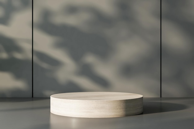 Heller runder Holzständer mit Copyspace auf glänzender Oberfläche bei Sonnenuntergang Wandhintergrund 3D-Rendering-Mockup