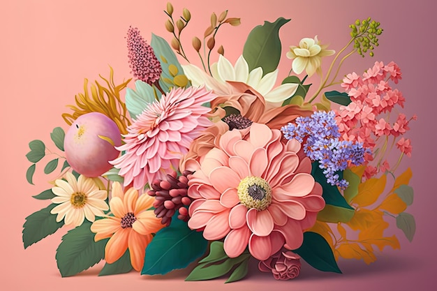 Heller sommerlicher Blumenstrauß auf pastellrosa Hintergrund, erstellt mit generativer ai