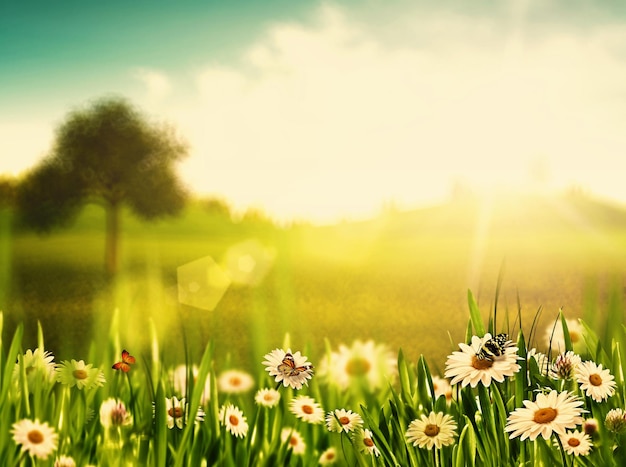 Heller Sommernachmittag Natürliche Hintergründe mit schönen Kamillenblüten