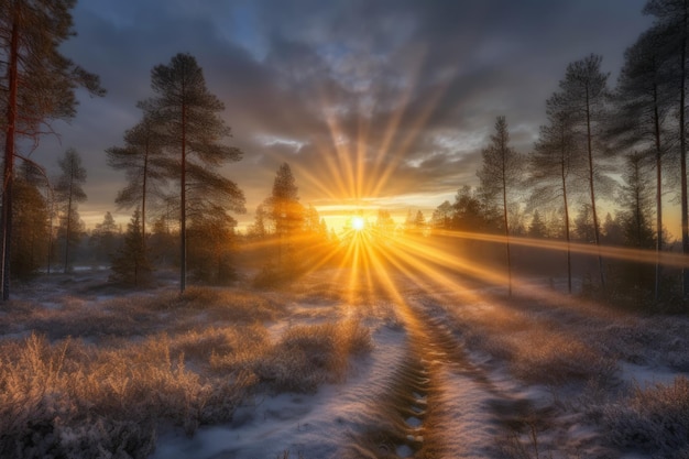 Heller Sonnenuntergang in einem Winterwald