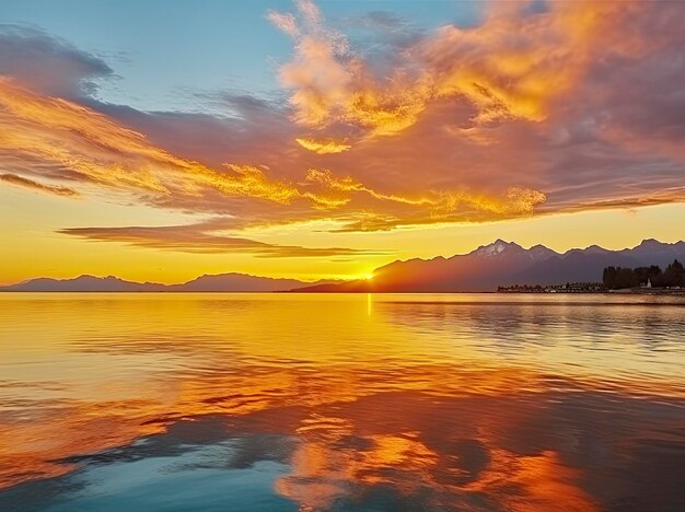 Heller Sonnenuntergang über dem See goldene Wolken spiegeln sich im Wasser wider