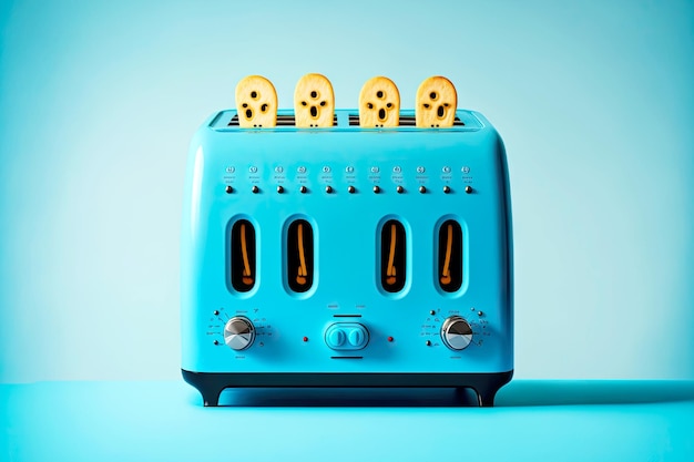 Heller Toaster mit zwei Reihen Toastschlitzen auf blauem Hintergrund